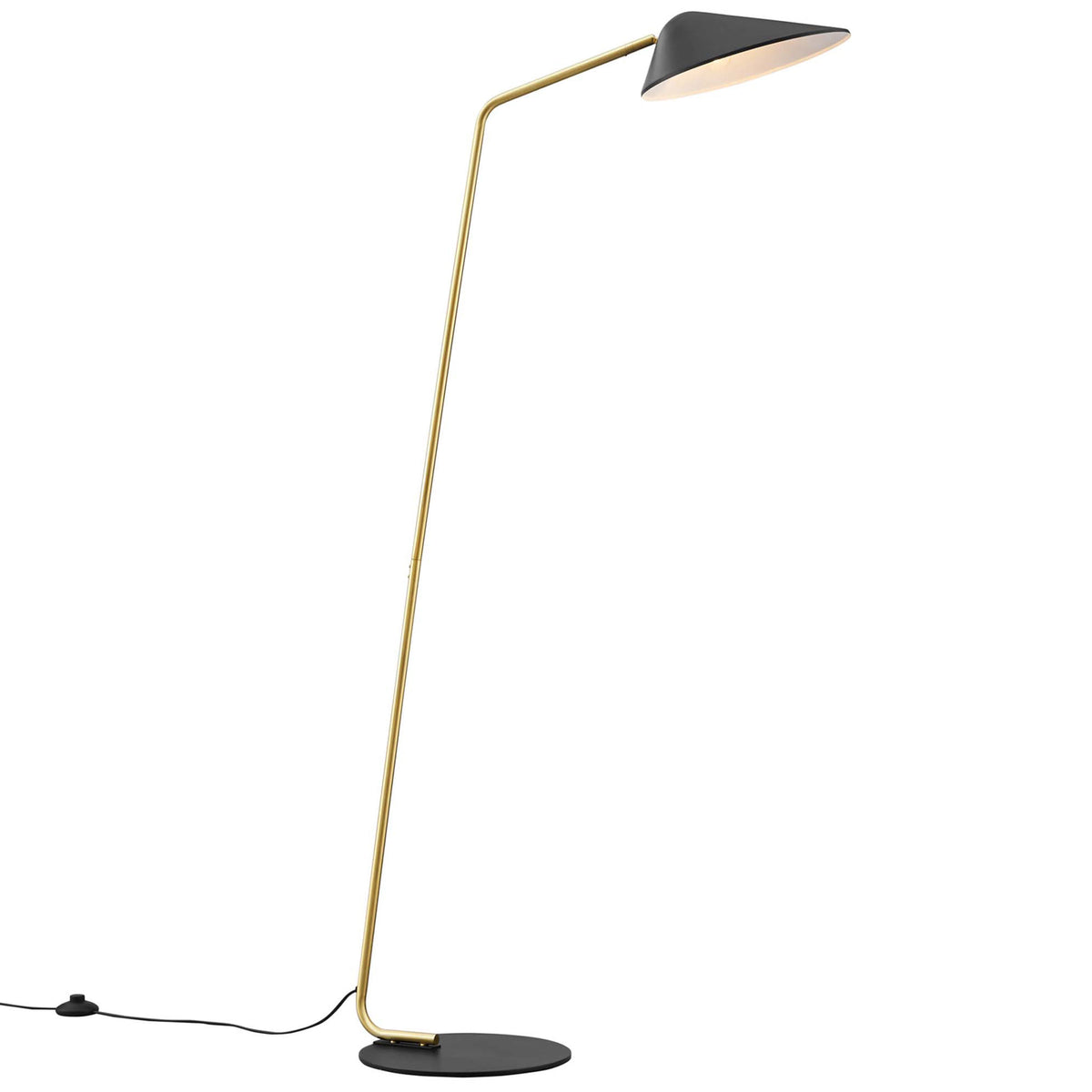 Angled black floor lamp with adjustable cone shade and brass arm to direct light where needed || EEI-5298-BLK || front_angle_studio