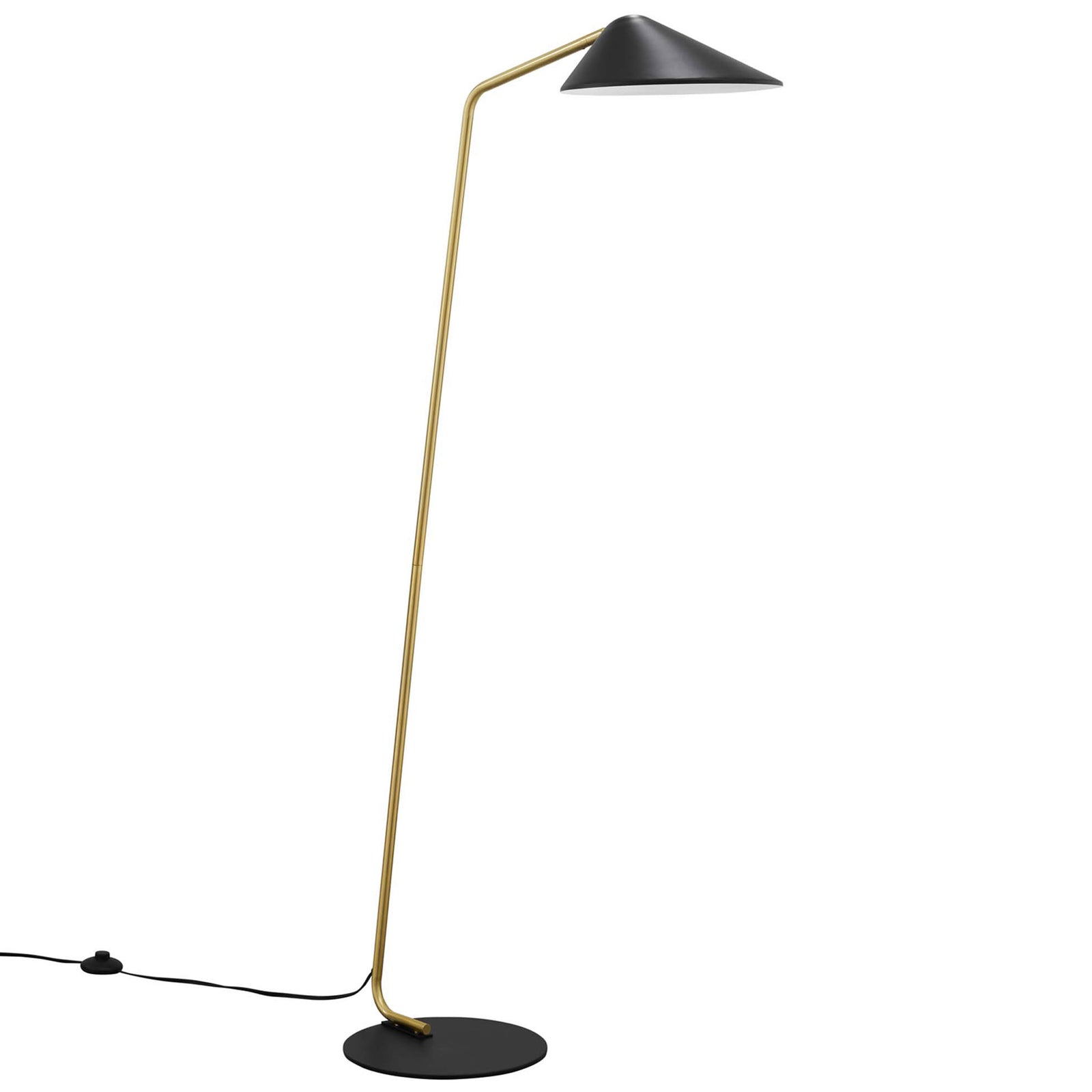 Slim black floor lamp with satin brass stem and tapered metal shade for modern focused lighting || EEI-5298-BLK || front_angle_studio