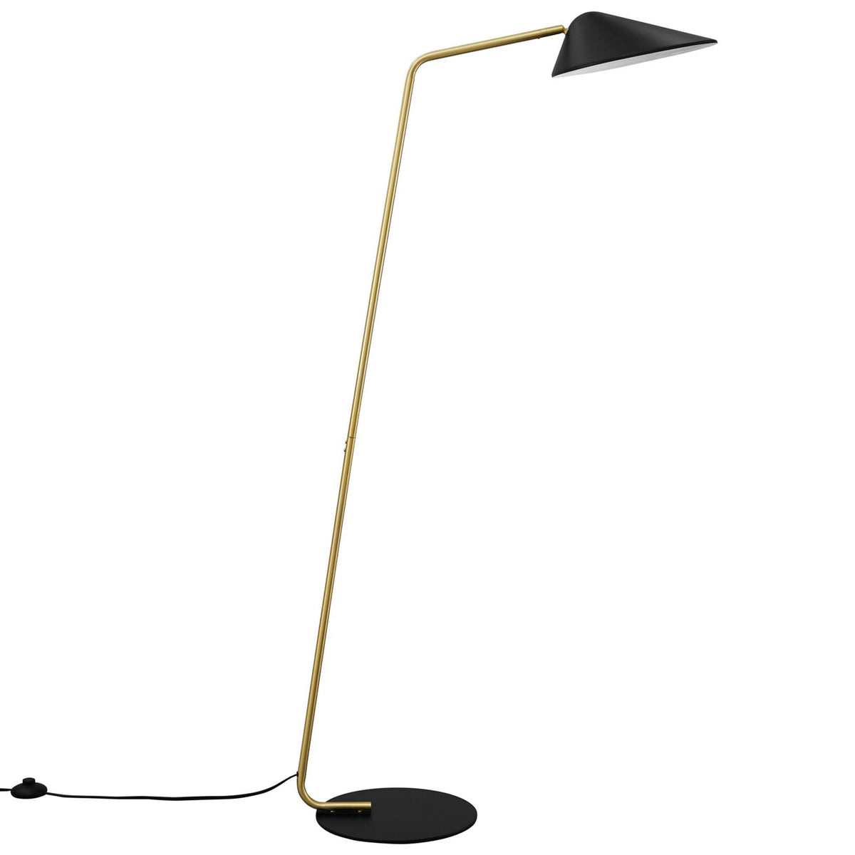 Minimalist floor lamp with slim brass pole and black shade offering clean contemporary style || EEI-5298-BLK || side_studio