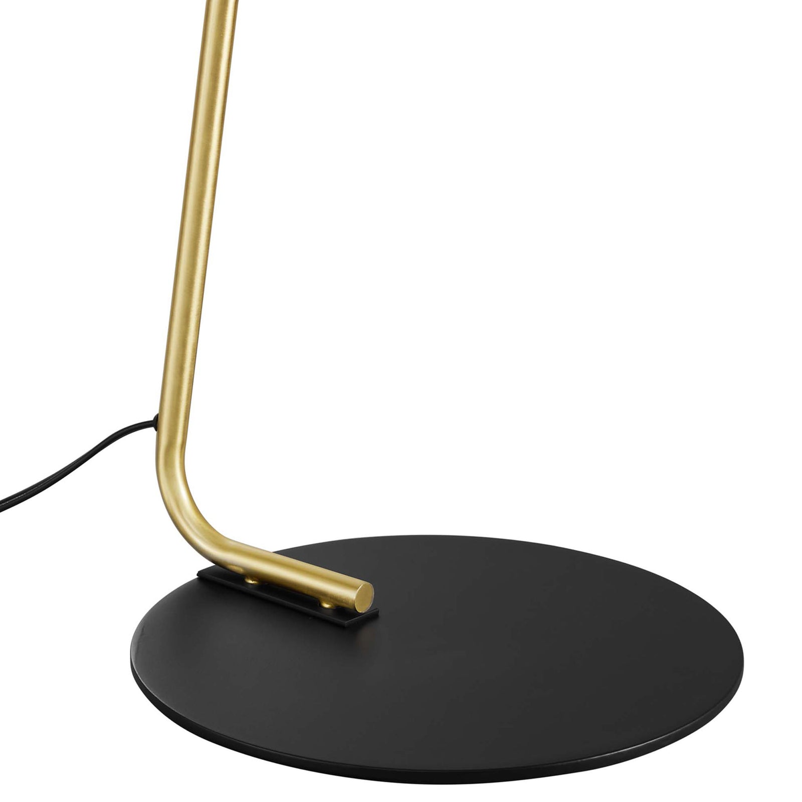 Round black metal base provides sturdy support for the slim brass floor lamp || EEI-5298-BLK || leg_studio