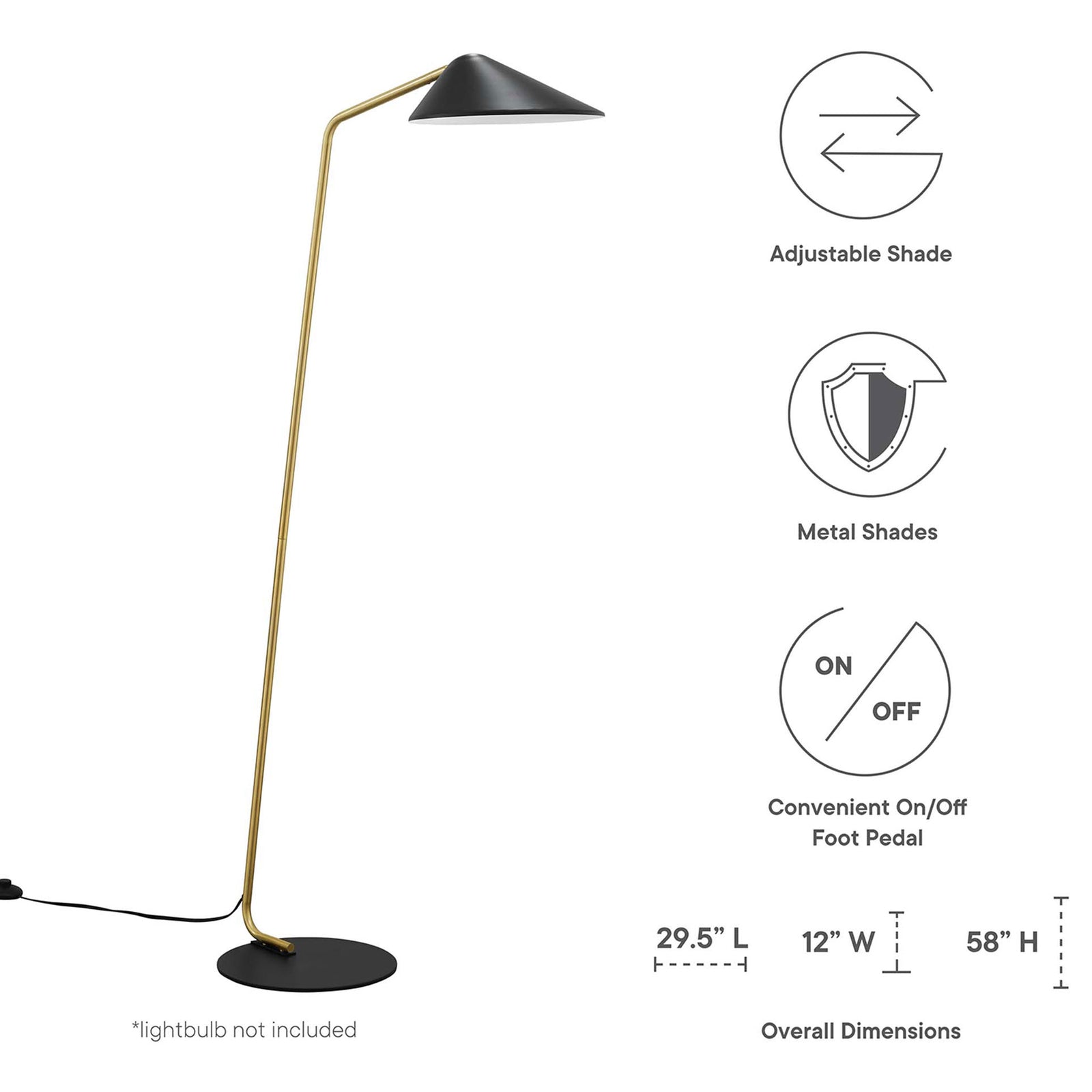 Journey black floor lamp with brass stem shown with overall dimensions and key feature icons || EEI-5298-BLK || dimension_studio