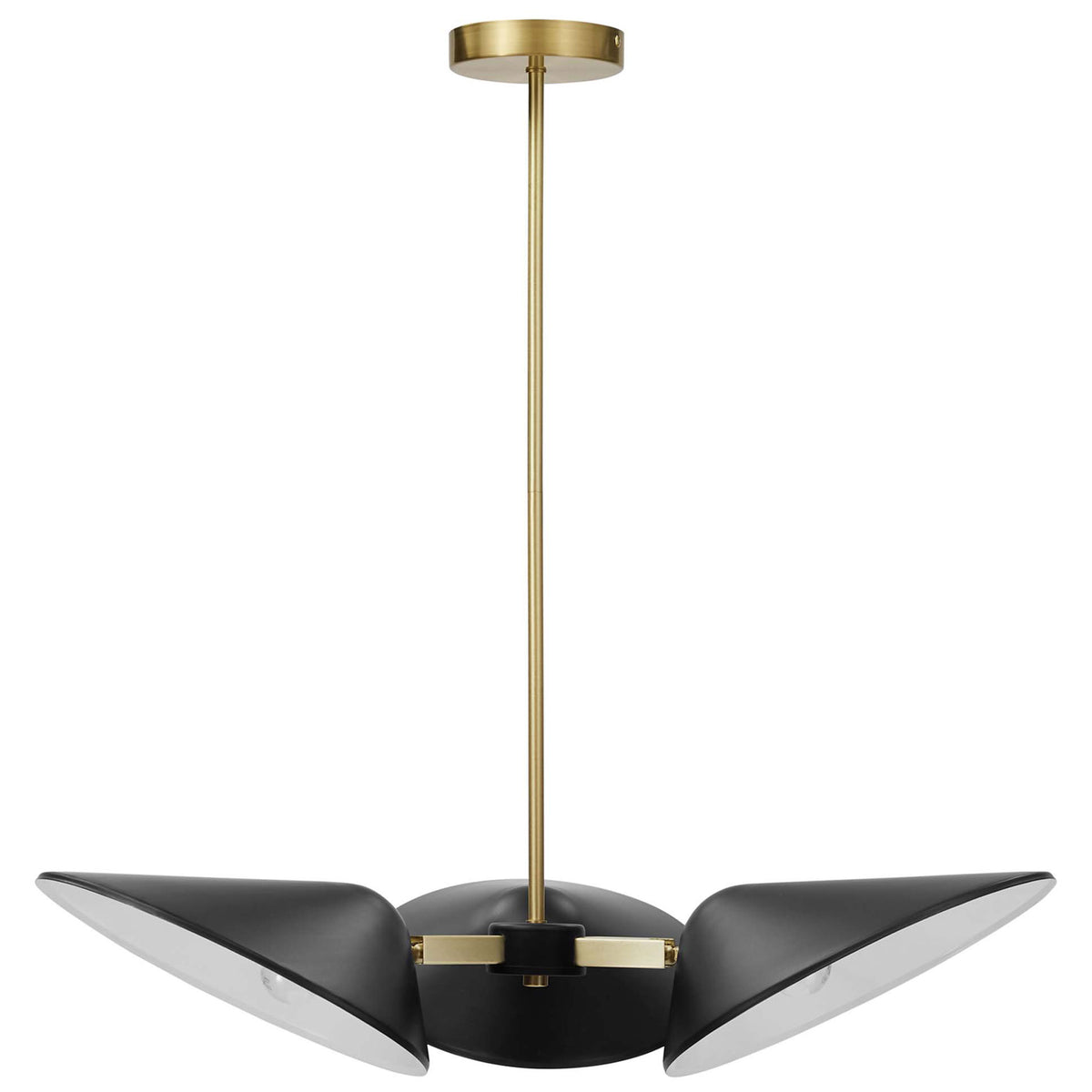 Modern triple pendant showcases black metal shades and a satin brass canopy || EEI-5299-BLK || front_studio