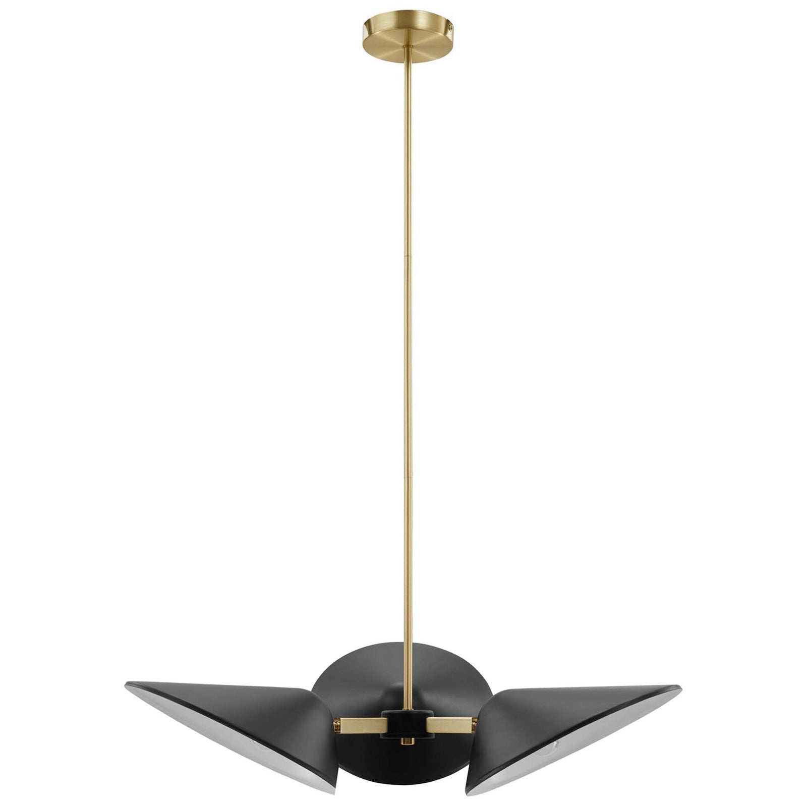 Sculptural tri-arm pendant with adjustable black shades and brass accents || EEI-5299-BLK || front_studio
