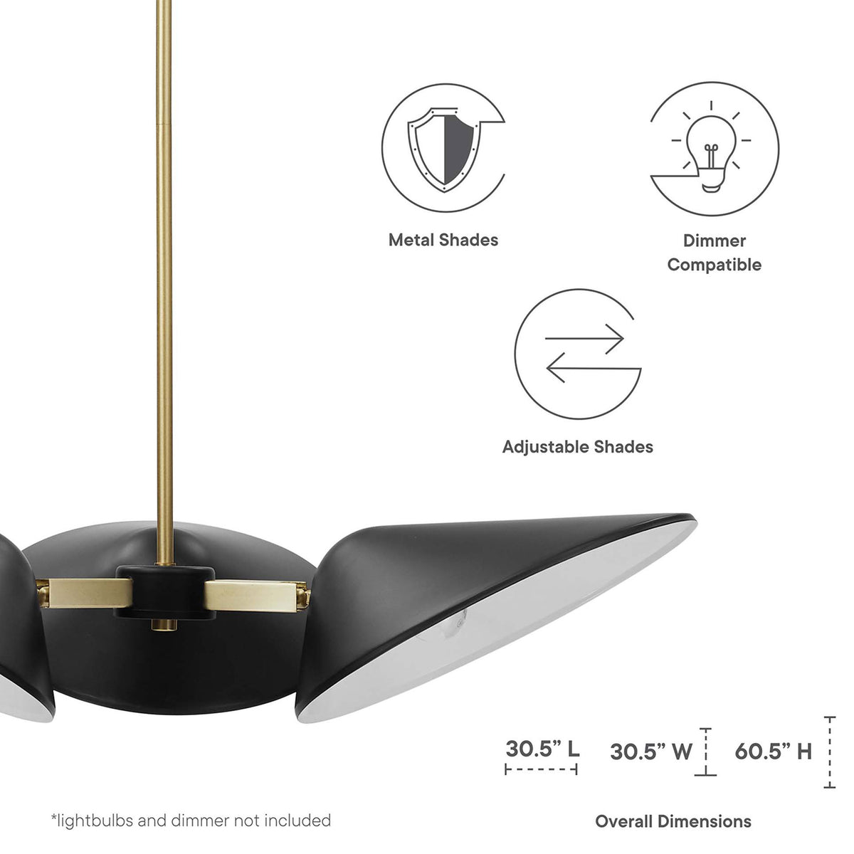 Feature highlights and dimensions for the adjustable 3-light pendant || EEI-5299-BLK || dimension_studio