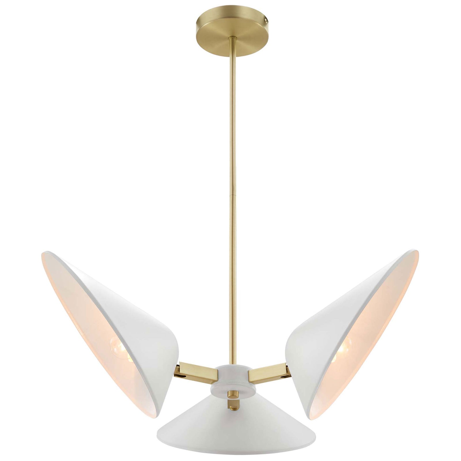 Sleek three-light pendant with white metal shades and satin brass rod for a refined mid-century touch || EEI-5299-WHI || front_on_studio