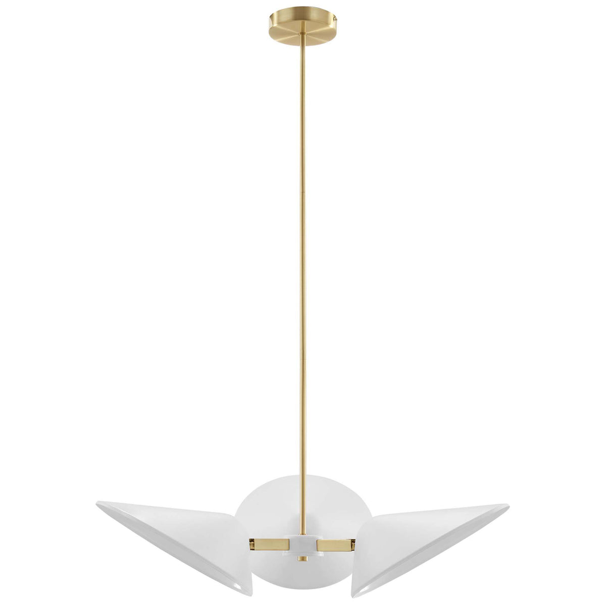 Streamlined pendant shows its trio of adjustable white shades radiating from a satin brass hub || EEI-5299-WHI || front_studio