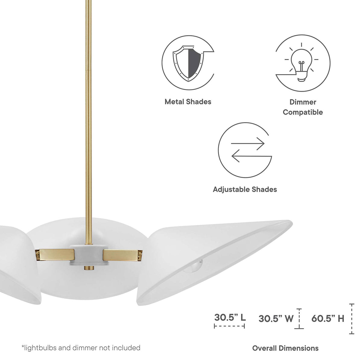 Adjustable shades and dimmer compatibility with overall dimensions for easy planning || EEI-5299-WHI || dimension_studio
