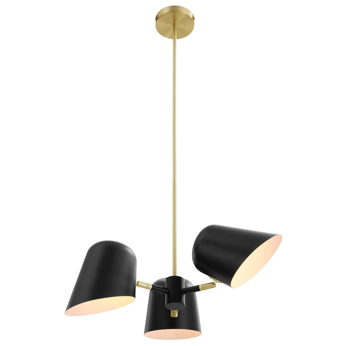 Trio of adjustable black shades radiates modern style with a slim satin brass stem and canopy || EEI-5301-BLK || front_on_studio