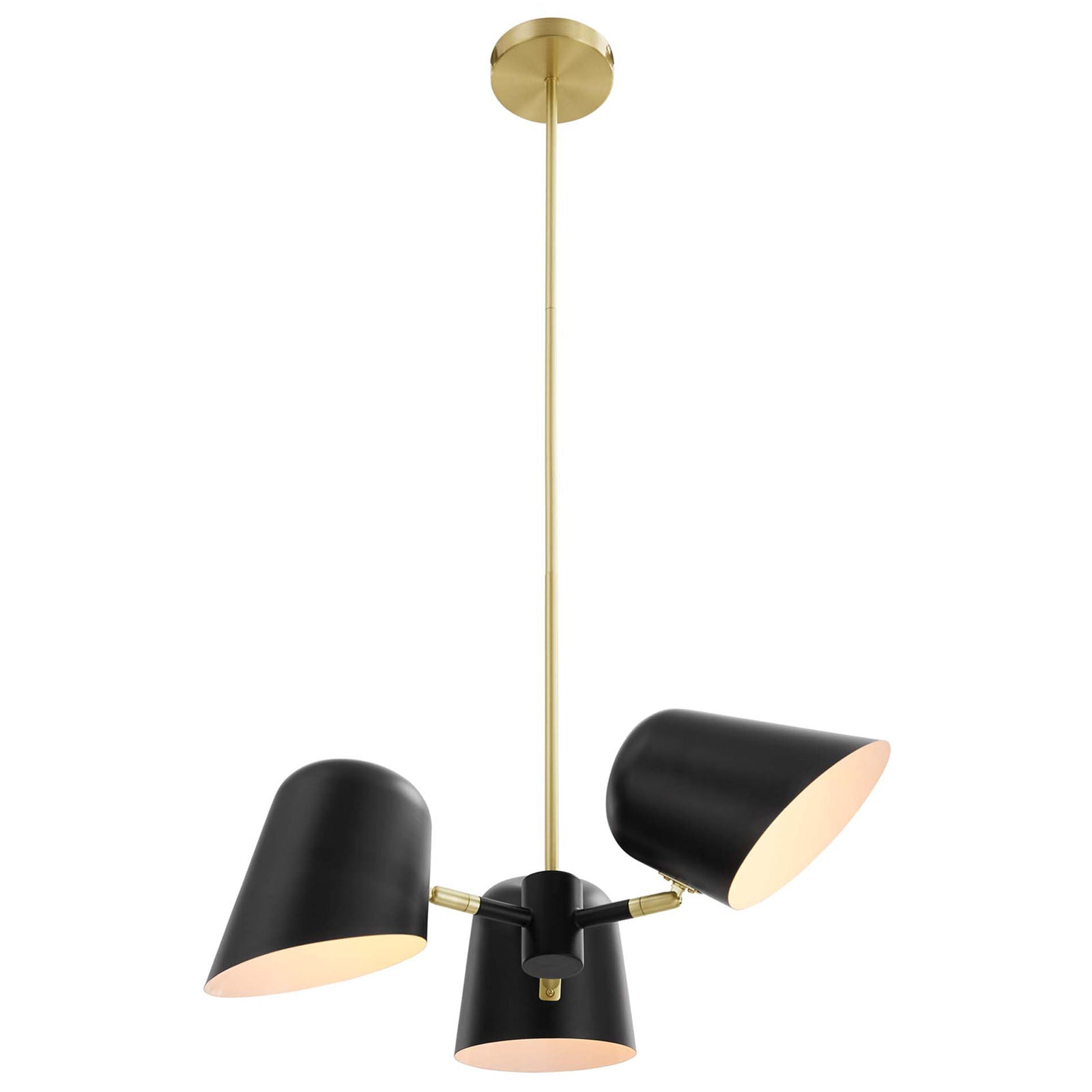 Trio of adjustable black shades radiates modern style with a slim satin brass stem and canopy || EEI-5301-BLK || front_on_studio
