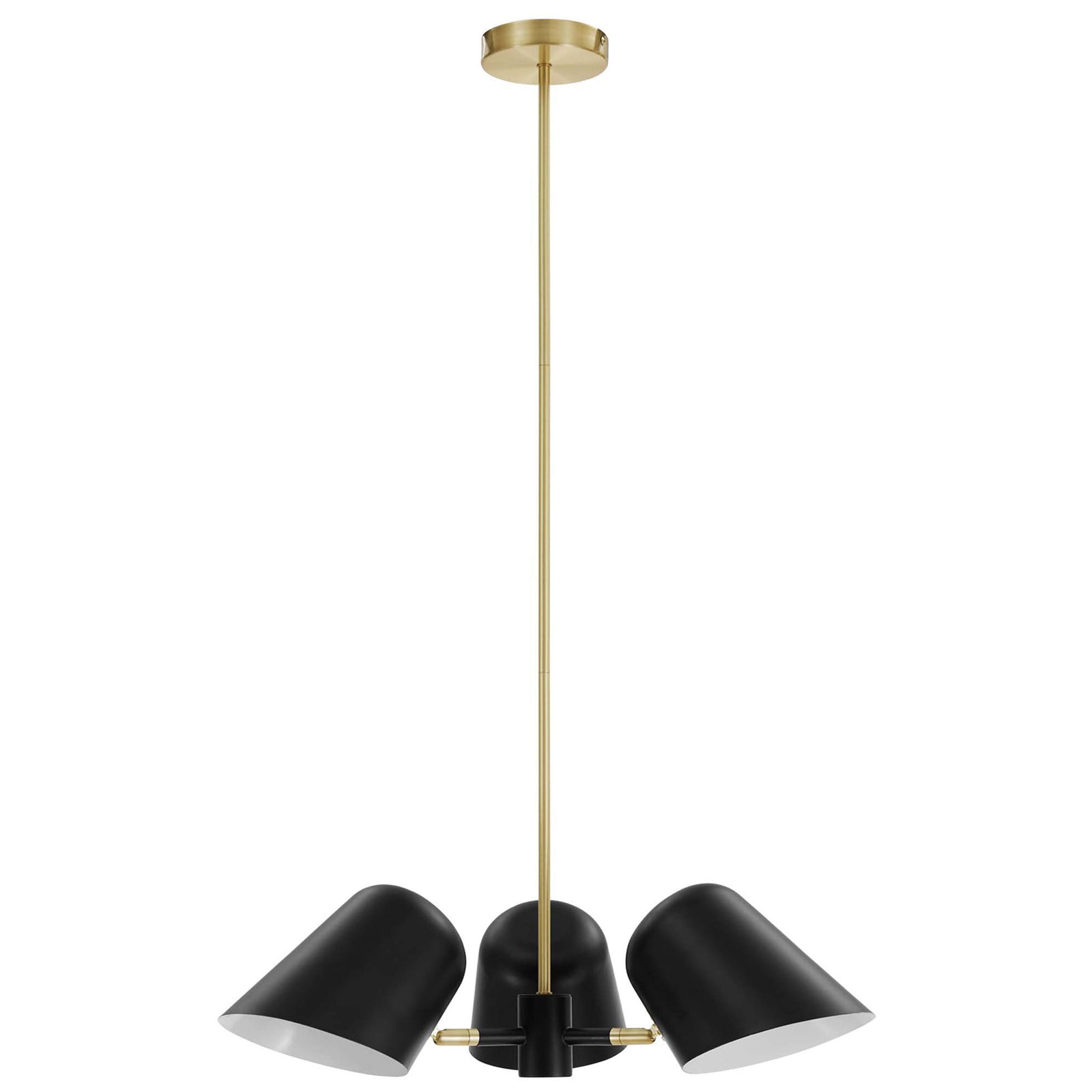 Balanced silhouette with three asymmetrical black metal shades and a refined satin brass finish || EEI-5301-BLK || front_studio
