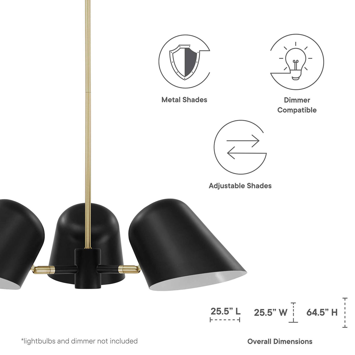 Feature highlights and overall dimensions for the three-light pendant with adjustable metal shades || EEI-5301-BLK || dimension_studio