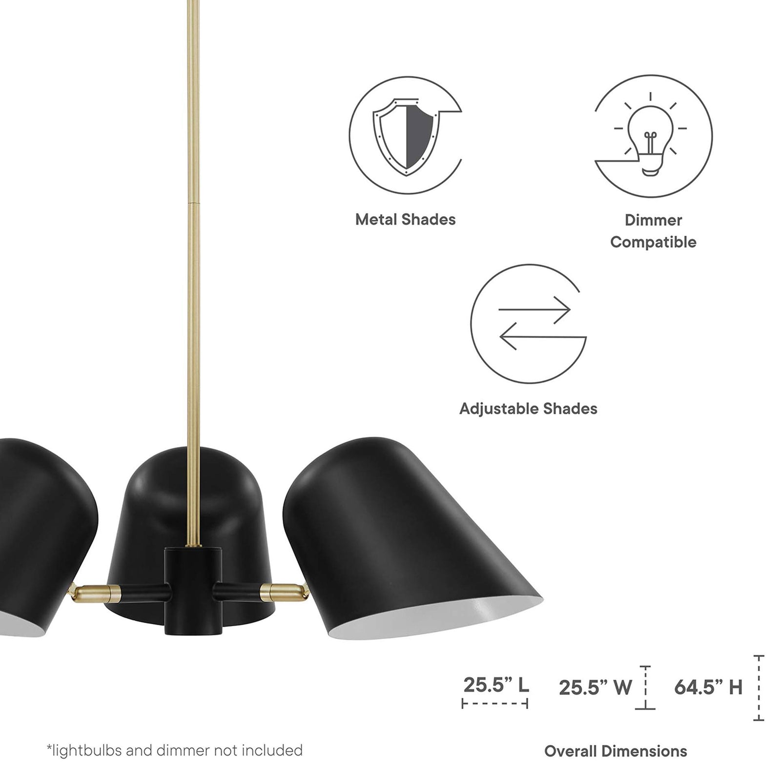 Feature highlights and overall dimensions for the three-light pendant with adjustable metal shades || EEI-5301-BLK || dimension_studio