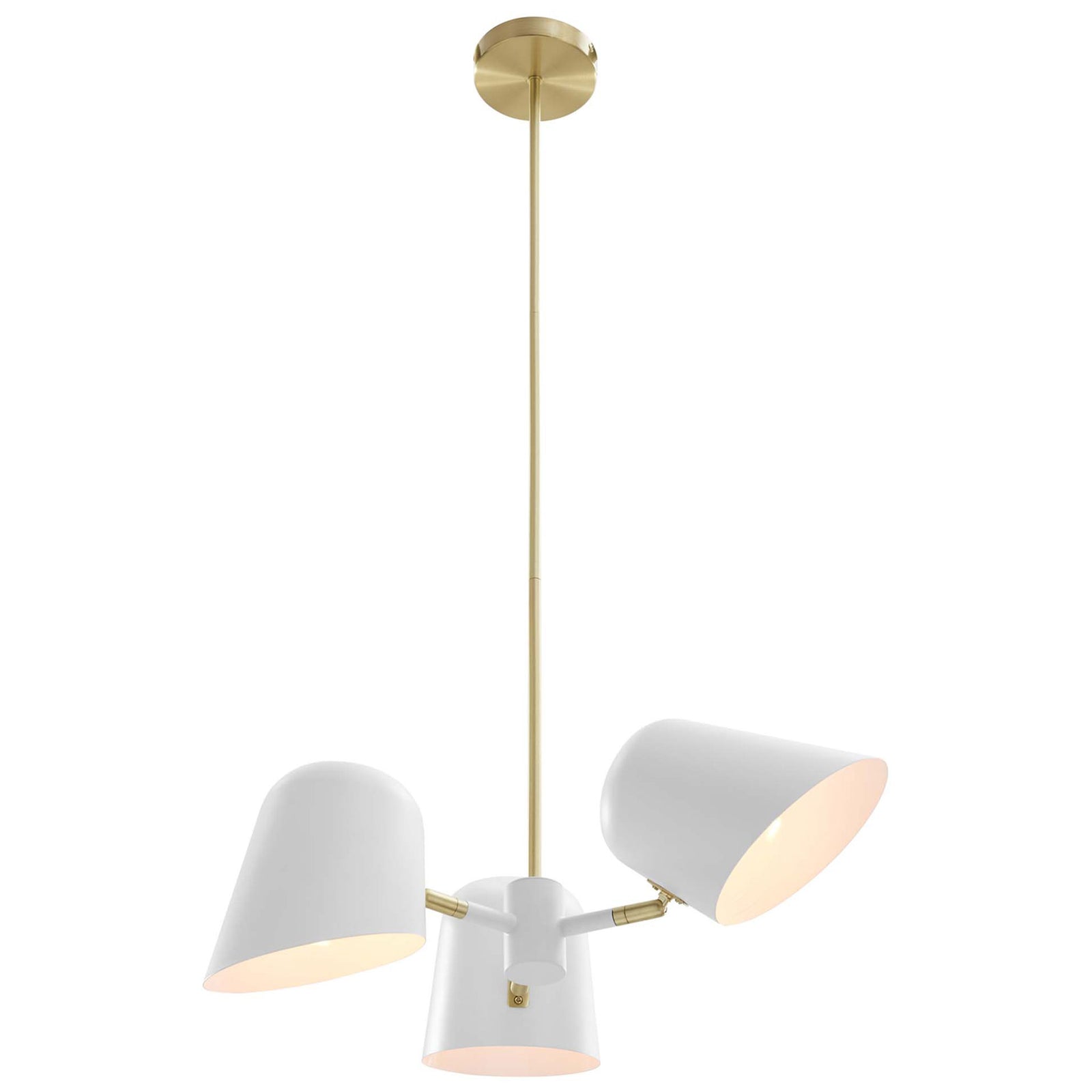 Asymmetrical trio of white shades with adjustable swivel arms and a sleek satin brass stem || EEI-5301-WHI || front_on_studio