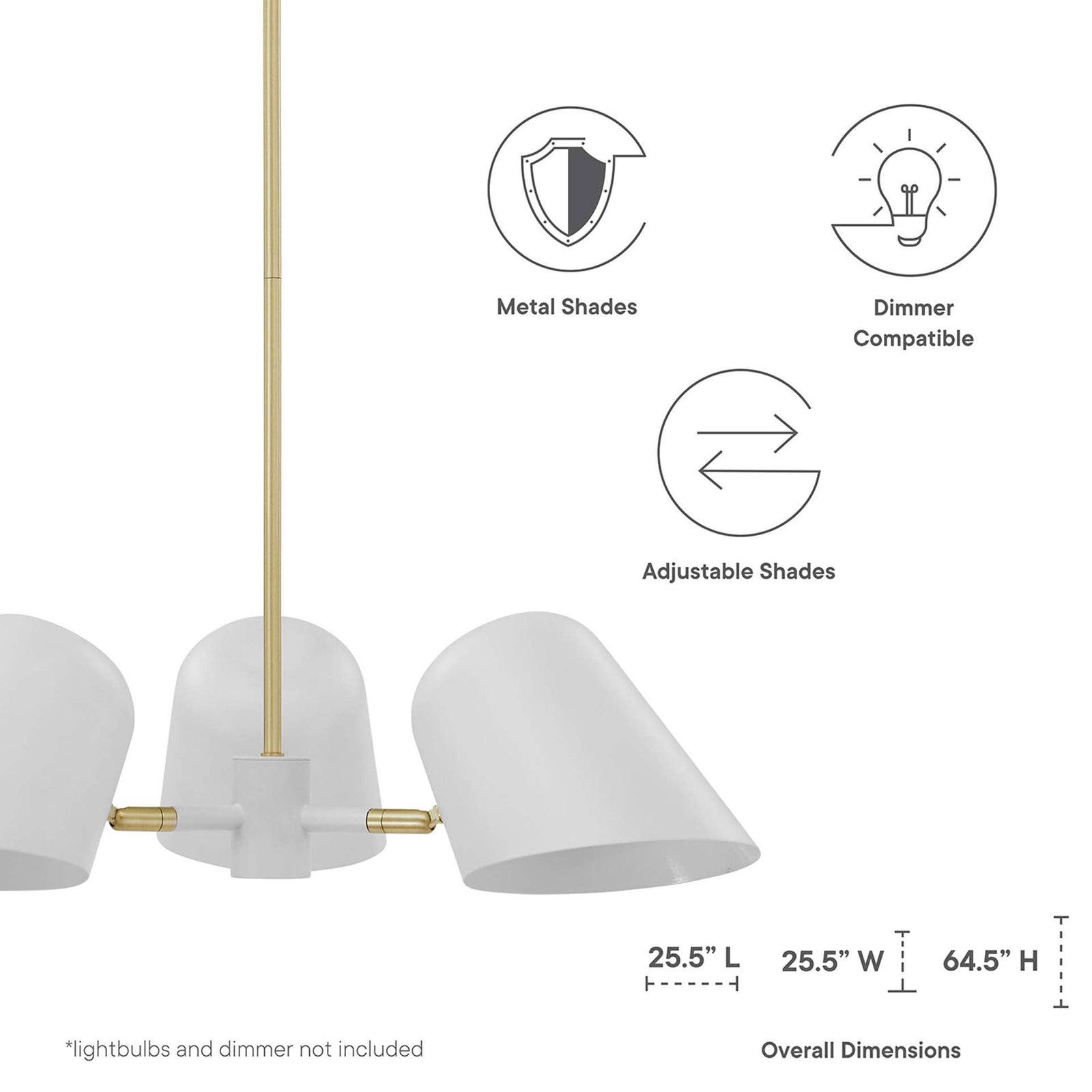 Metal shades, dimmer-compatible design, and adjustable arms deliver flexible lighting || EEI-5301-WHI || dimension_studio