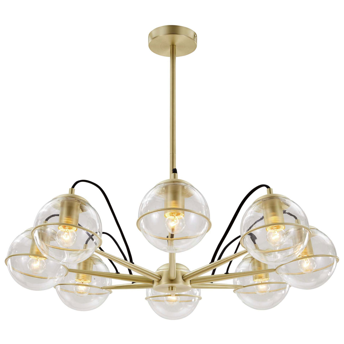 Satin brass chandelier with eight clear glass globes casting a warm, modern glow || EEI-5307-CLR-GLD || front_on_studio