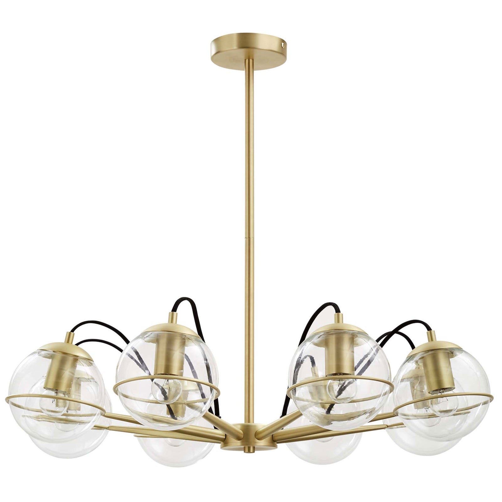 Sleek satin brass frame with eight crystal-clear globes for airy, contemporary elegance || EEI-5307-CLR-GLD || front_studio