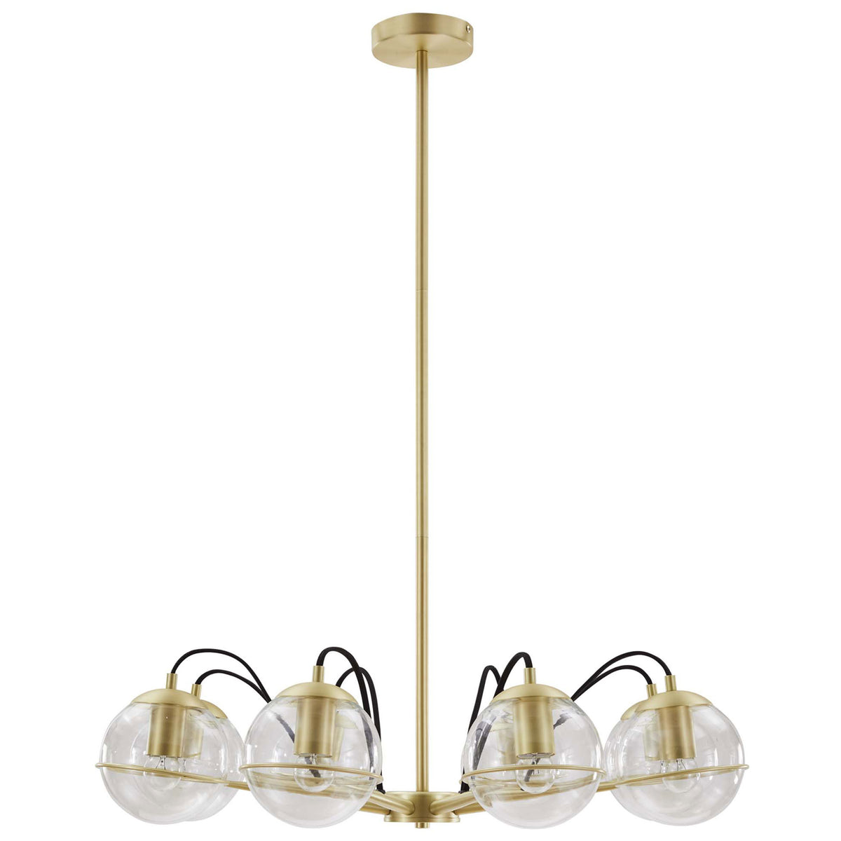 Linear starburst arms in satin brass accented by clear globe shades and black cord details || EEI-5307-CLR-GLD || front_studio