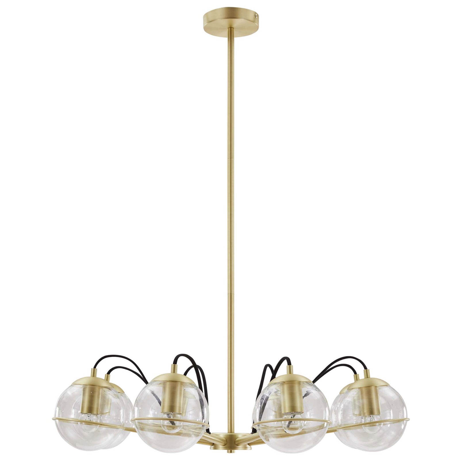 Linear starburst arms in satin brass accented by clear globe shades and black cord details || EEI-5307-CLR-GLD || front_studio