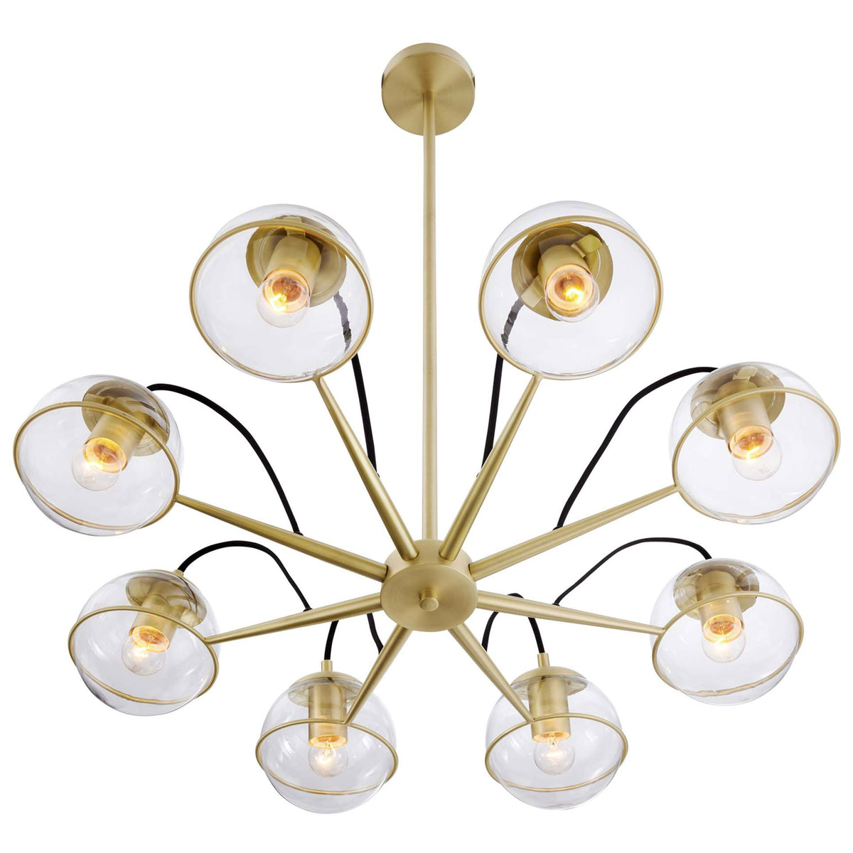 Radiating starburst design with luminous glass orbs encircled by satin brass rings || EEI-5307-CLR-GLD || front_angle_on_studio