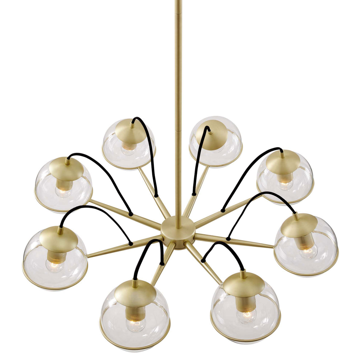 Balanced eight-light silhouette with clear globes arranged in a sculptural, airy ring || EEI-5307-CLR-GLD || top_on_studio
