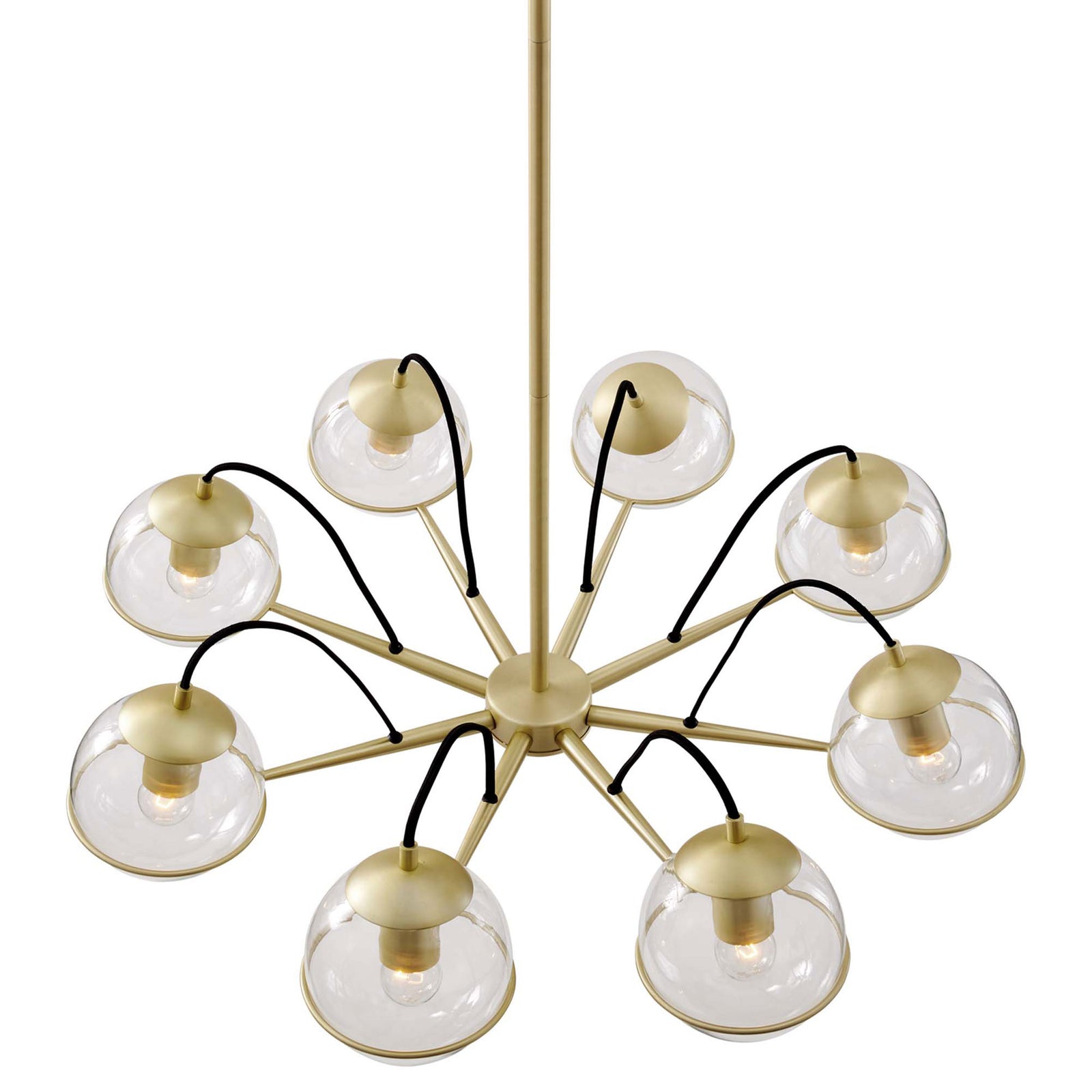 Balanced eight-light silhouette with clear globes arranged in a sculptural, airy ring || EEI-5307-CLR-GLD || top_on_studio