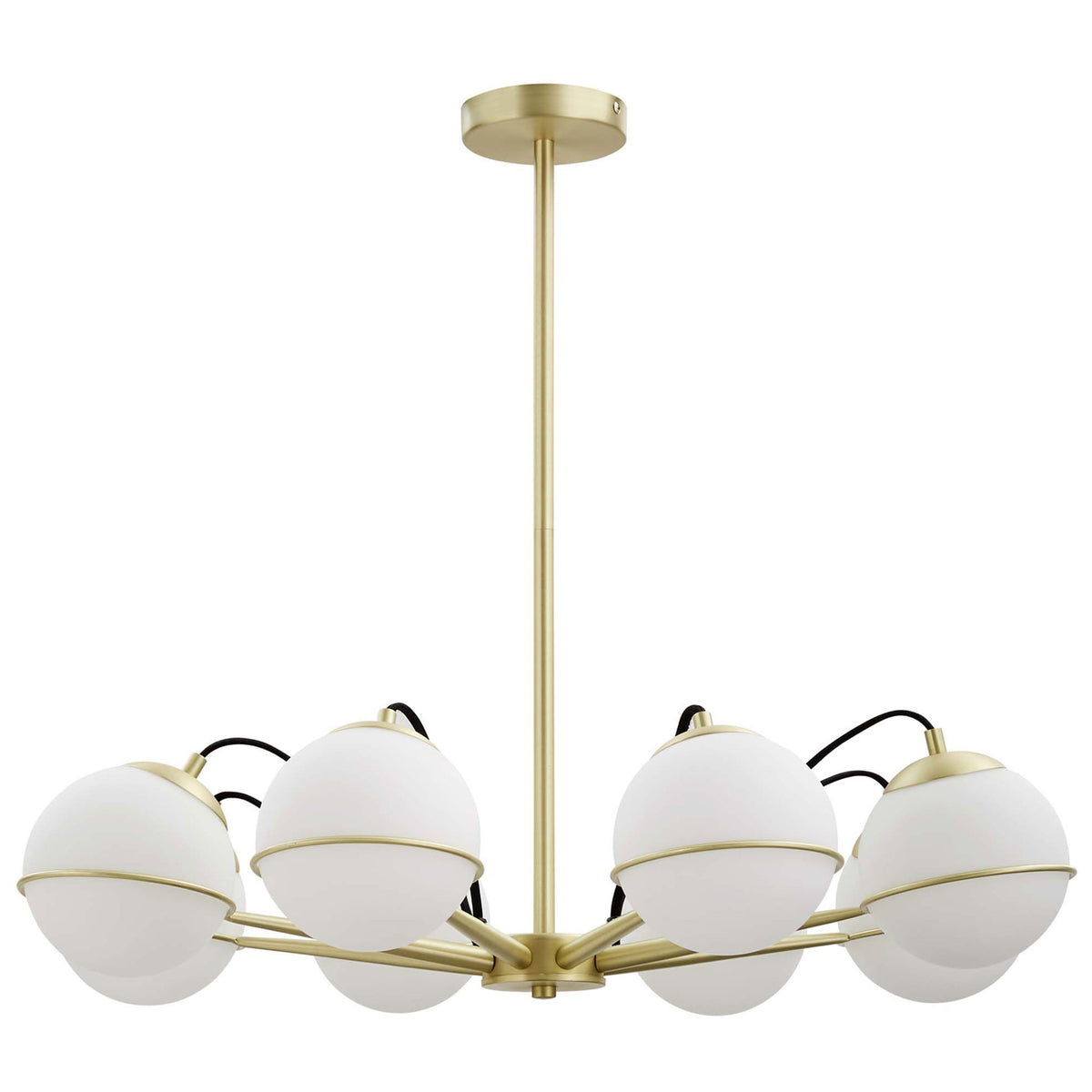 Eight white glass globes orbit a satin brass frame for a modern constellation-inspired chandelier || EEI-5307-OPA-GLD || front_studio