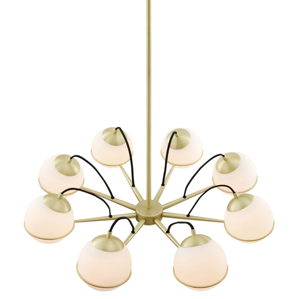Symmetrical eight-arm design centers around a sleek hub with gracefully arcing brass arms and globes || EEI-5307-OPA-GLD || top_angle_on_studio