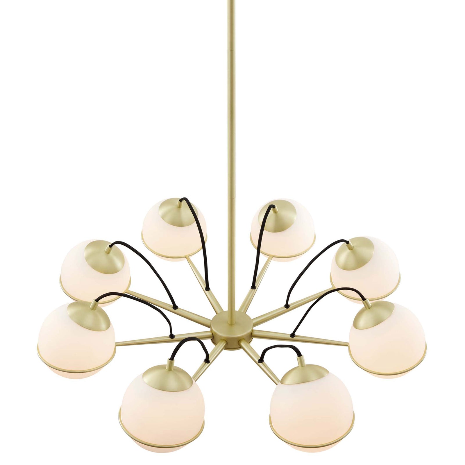 Symmetrical eight-arm design centers around a sleek hub with gracefully arcing brass arms and globes || EEI-5307-OPA-GLD || top_angle_on_studio