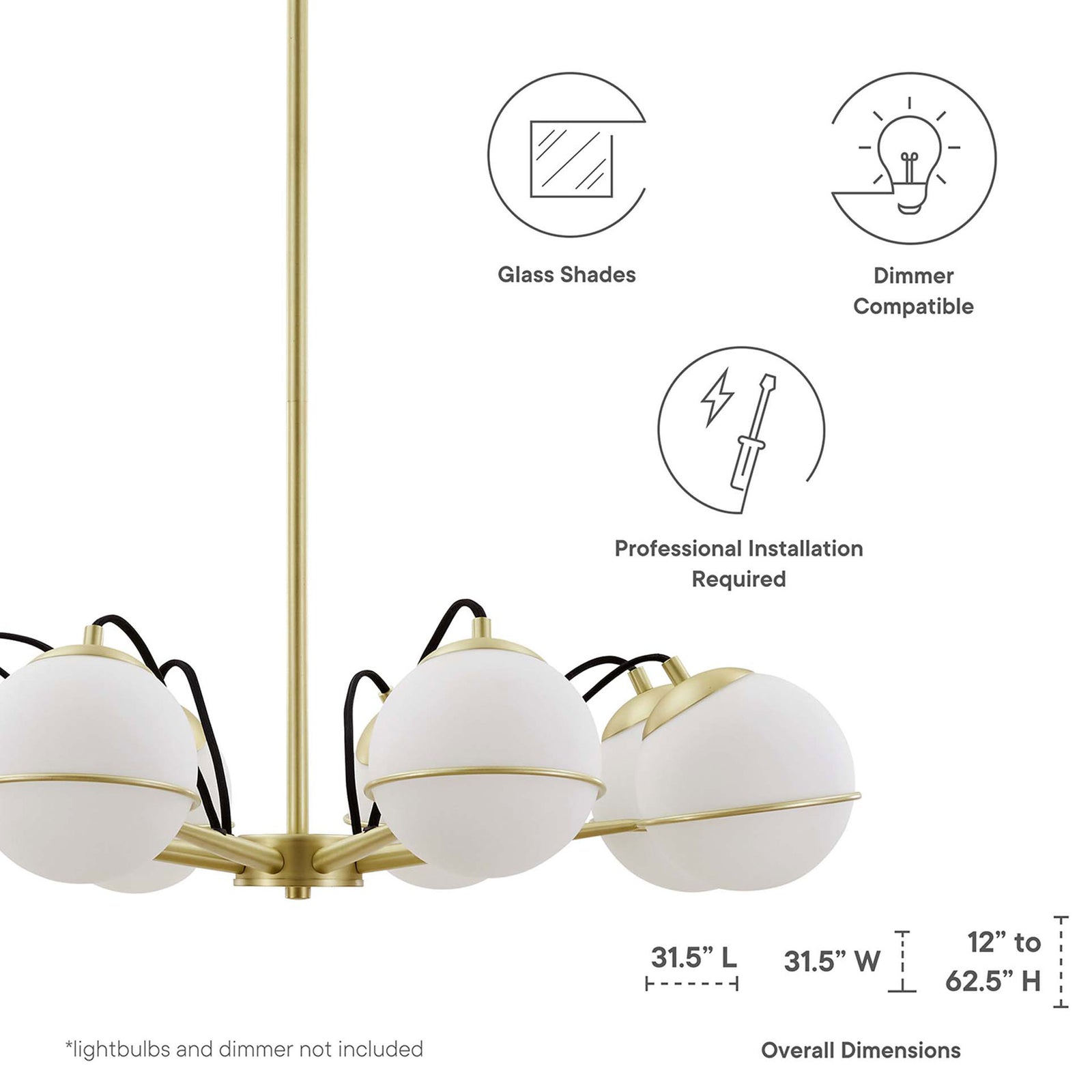 Dimmable 8-light chandelier with glass shades, compatible with E26 bulbs and LED equivalents || EEI-5307-OPA-GLD || dimension_studio