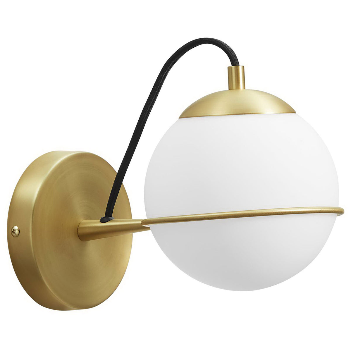 Angled view of the opal globe wall sconce showing the satin brass arm, ring, and black cord || EEI-5308-OPA-GLD || front_angle_studio