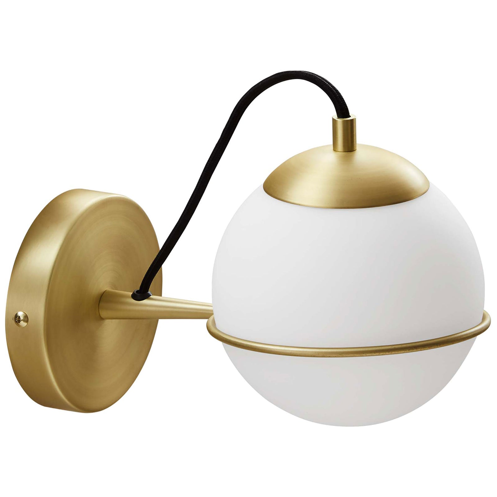 Modern opal globe sconce with satin brass cap and band emphasizing its clean round profile || EEI-5308-OPA-GLD || front_angle_studio