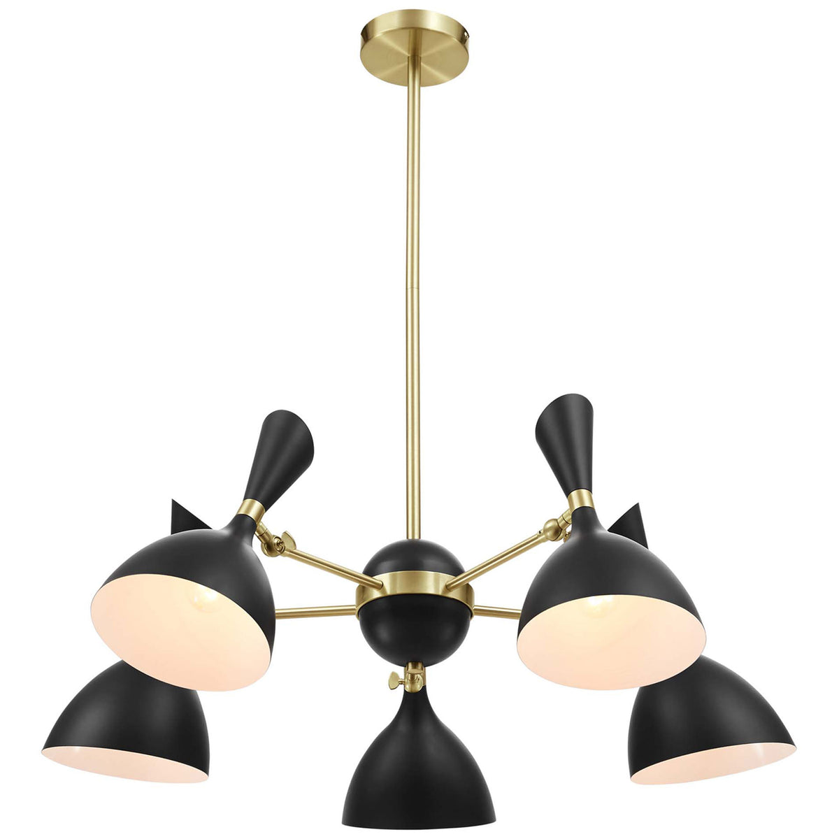 Sculptural five-light pendant with black metal shades and satin brass accents || EEI-5310-BLK || front_on_studio