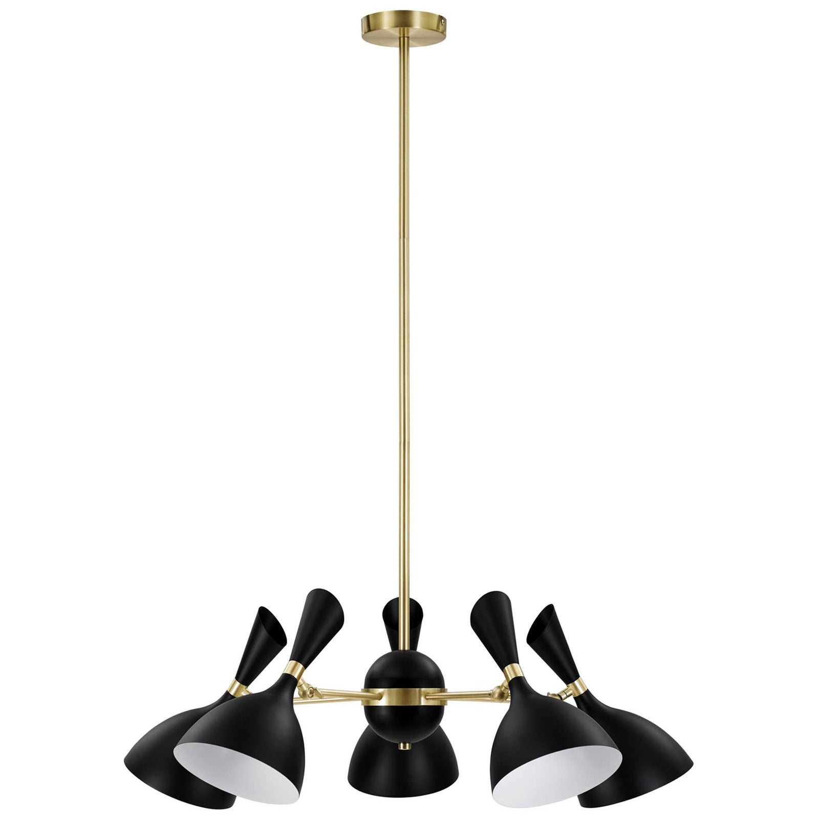 Adjustable black pendant with five flared shades and a narrow satin brass ring || EEI-5310-BLK || front_angle_studio