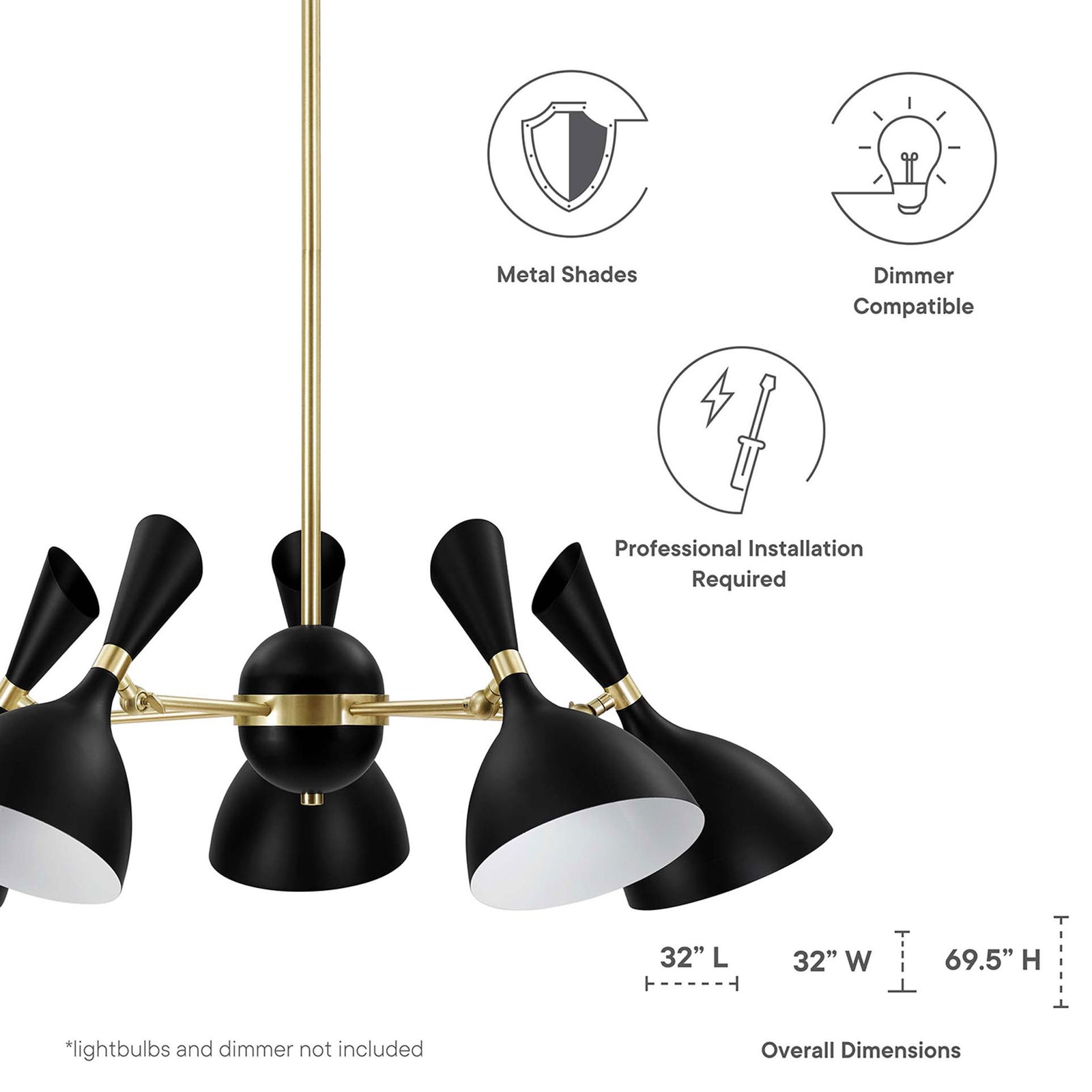 Five-light pendant with metal shades, dimmer compatibility, and overall dimensions || EEI-5310-BLK || dimension_studio