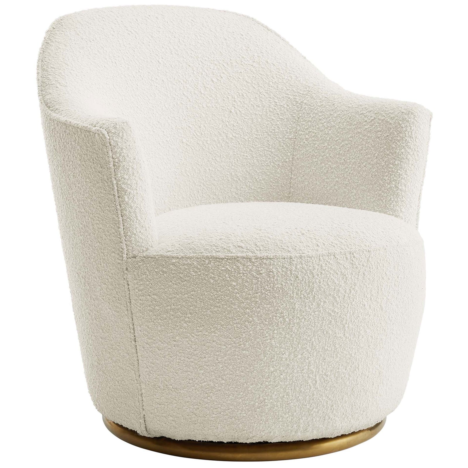 Curved barrel silhouette in soft white boucle with a gleaming gold swivel base || EEI-5311-WHI || front_angle_studio