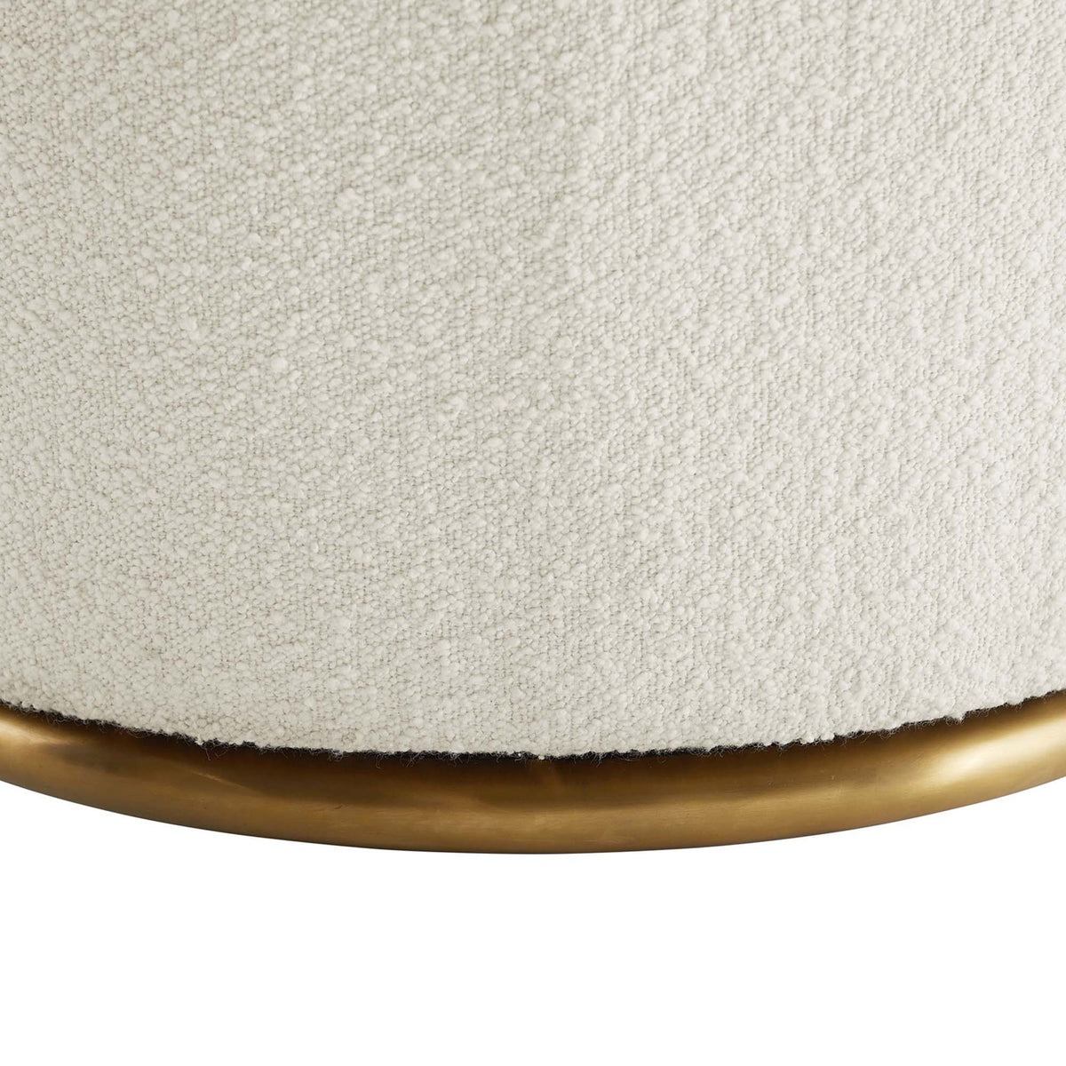 Gold metal plinth base adds a warm, modern accent beneath the textured boucle upholstery || EEI-5311-WHI || leg_studio