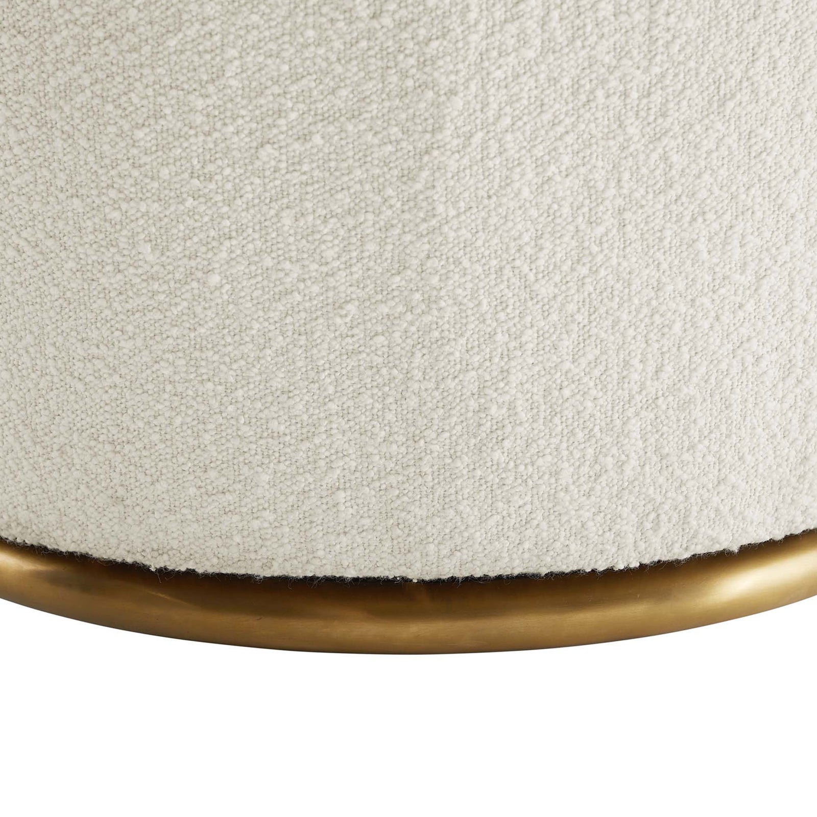 Gold metal plinth base adds a warm, modern accent beneath the textured boucle upholstery || EEI-5311-WHI || leg_studio
