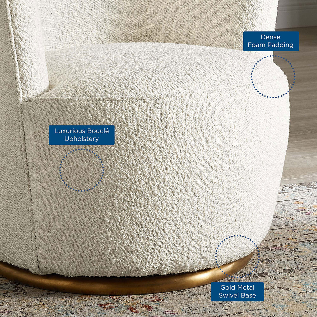 Luxurious boucle, dense foam cushions, and a gold swivel base elevate any living space || EEI-5311-WHI || callout_room