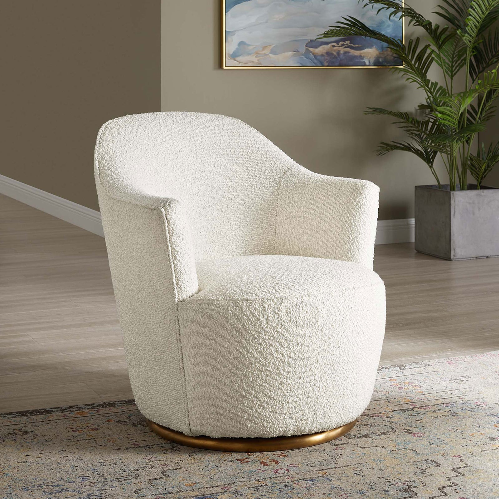 Chic swivel chair brightens the room with white boucle and a polished gold base || EEI-5311-WHI || front_angle_room
