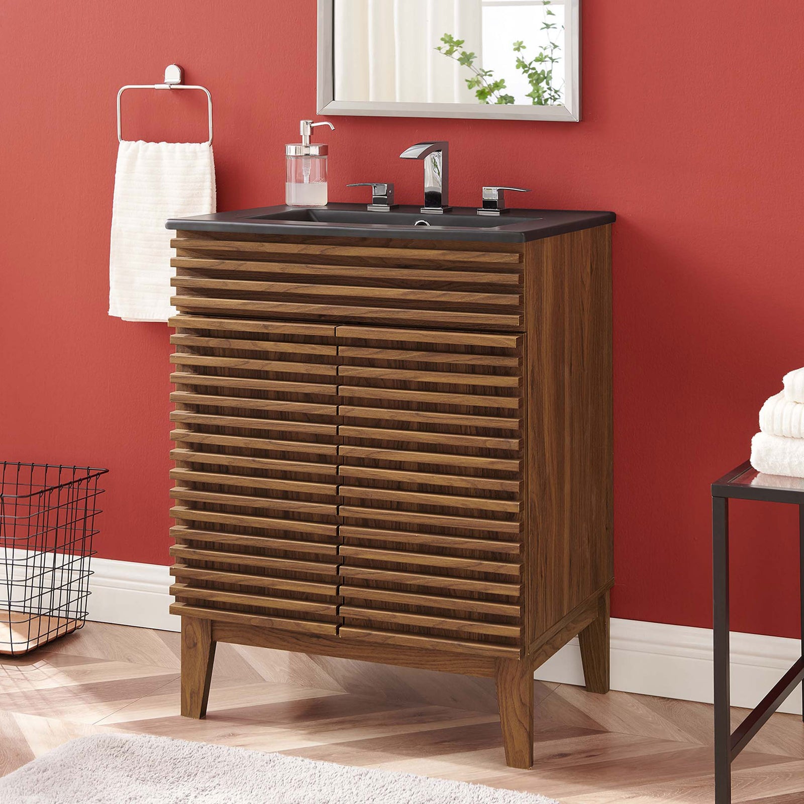Modern bathroom look with walnut slatted vanity and matte black integrated sink || EEI-5350-WAL-BLK || front_angle_room
