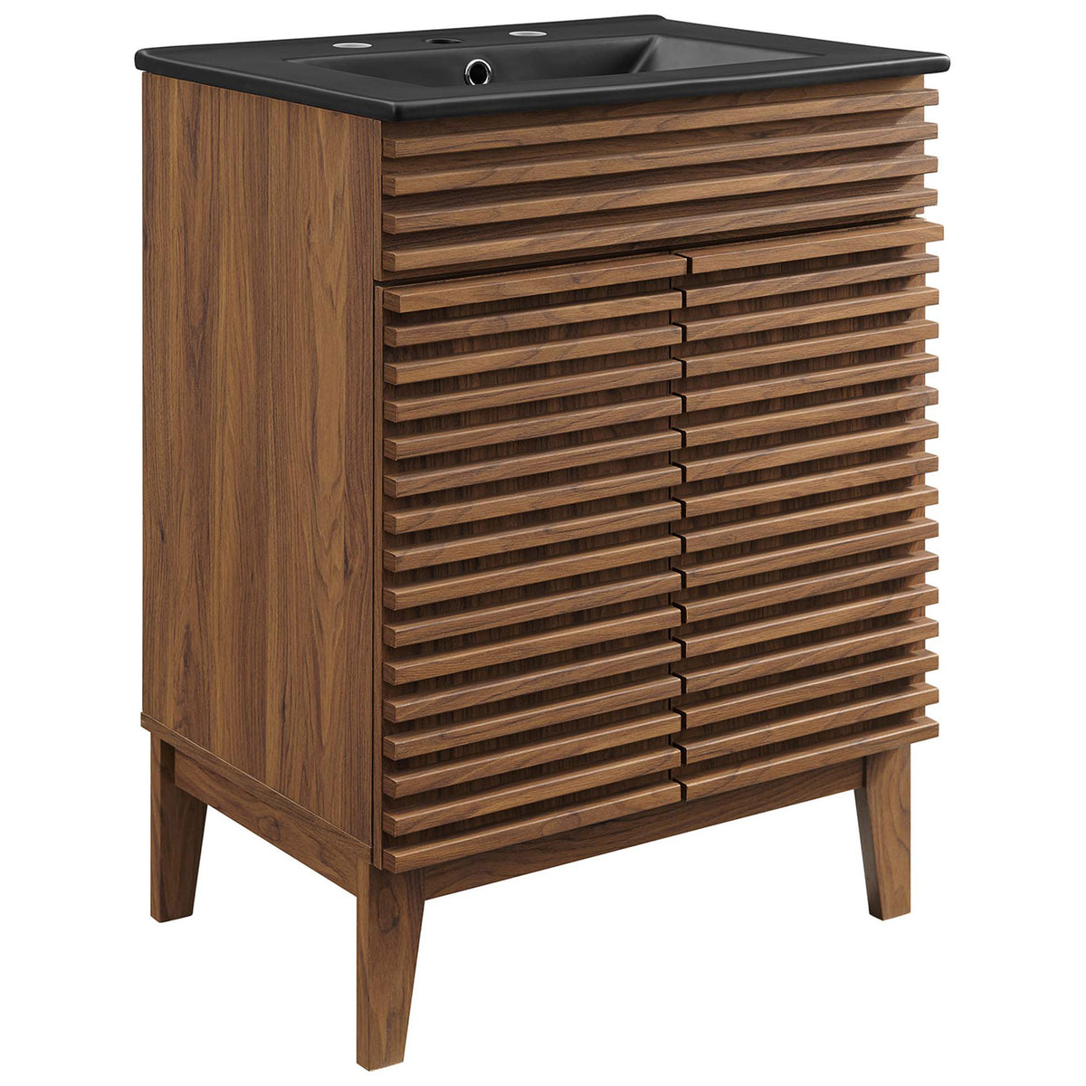 Walnut slatted-front vanity with tapered legs and a sleek black integrated sink || EEI-5350-WAL-BLK || front_angle_studio
