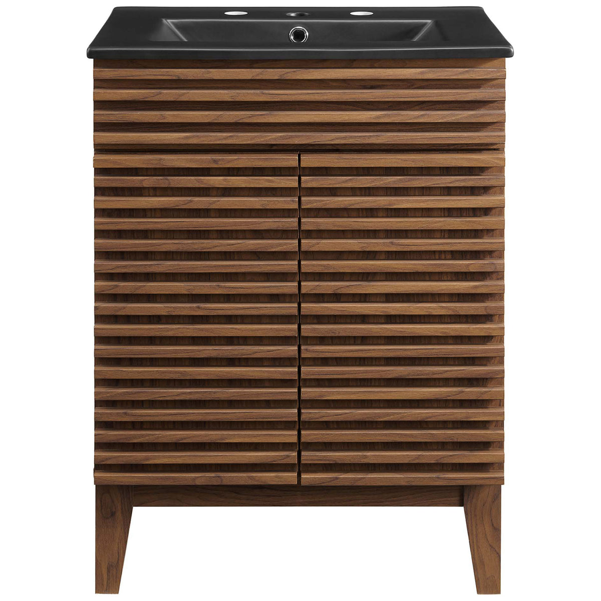 Crisp walnut slatted doors with a matte black sink top pre-drilled for widespread faucets || EEI-5350-WAL-BLK || front_studio