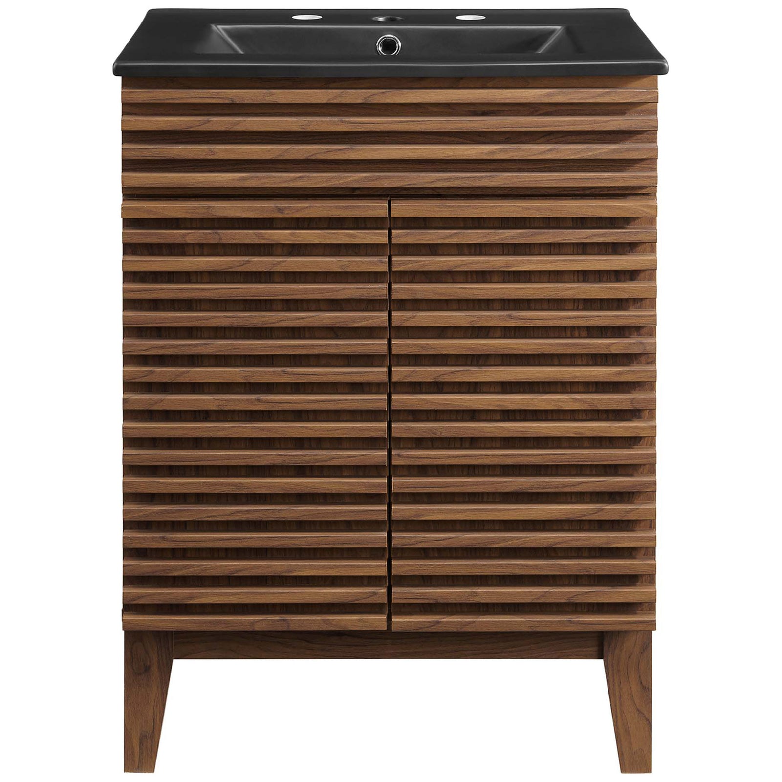 Crisp walnut slatted doors with a matte black sink top pre-drilled for widespread faucets || EEI-5350-WAL-BLK || front_studio