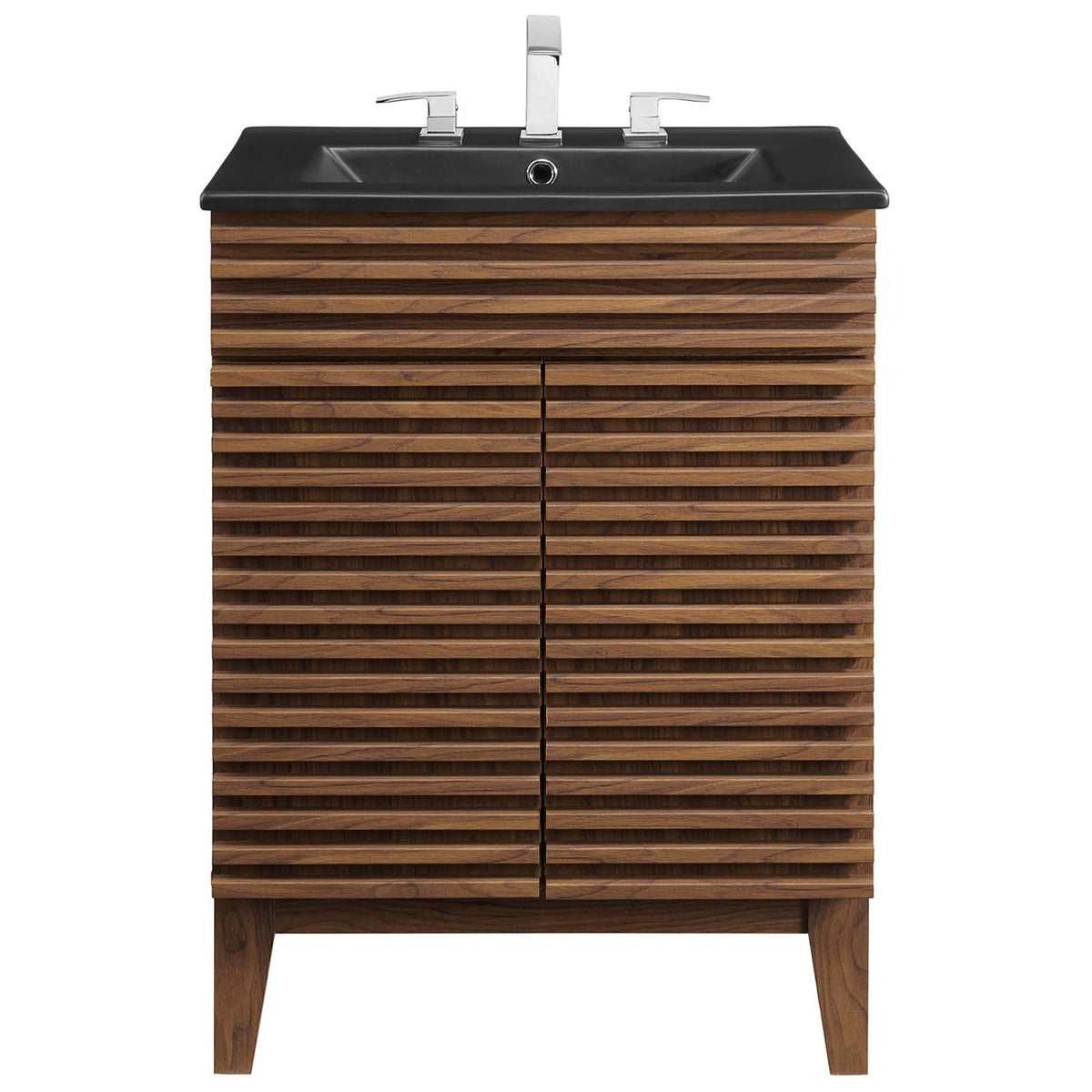 Refined walnut grain and louvered doors set off the matte black sink for a striking centerpiece || EEI-5350-WAL-BLK || front_studio