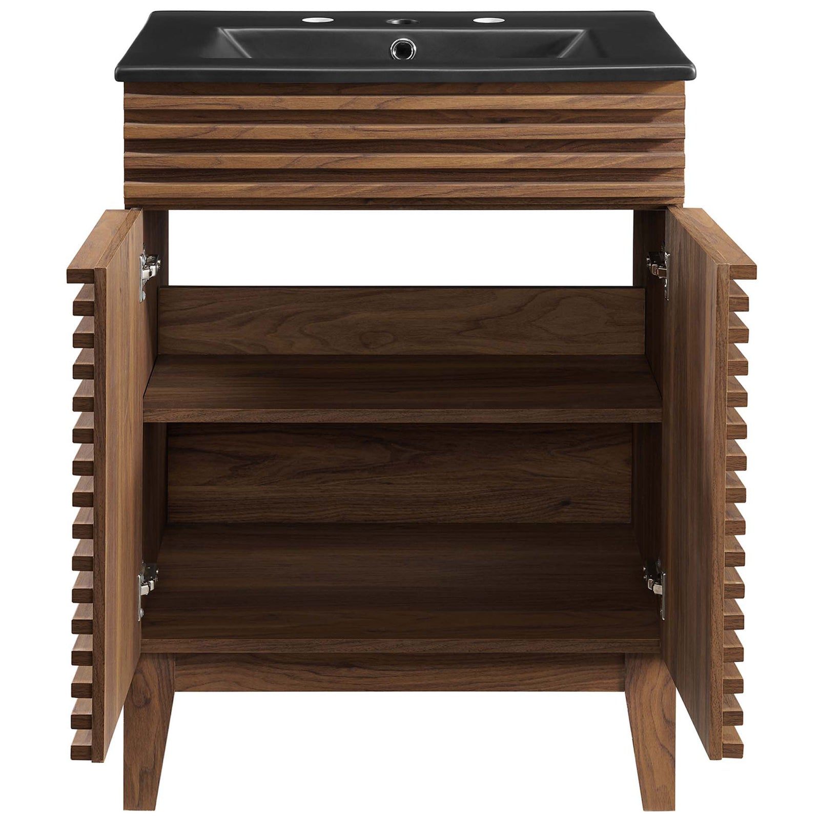Spacious interior with adjustable shelf behind dual doors keeps bath essentials organized || EEI-5350-WAL-BLK || front_open_studio