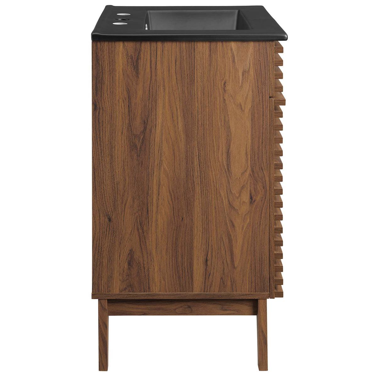 Rich walnut grain and clean profile highlight mid-century cabinet craftsmanship || EEI-5350-WAL-BLK || side_studio