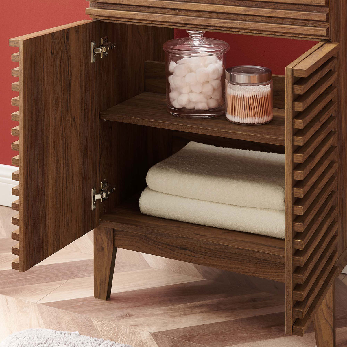 Open cabinet shows towels and jars on the adjustable shelf for everyday convenience || EEI-5350-WAL-BLK || storage_open_room