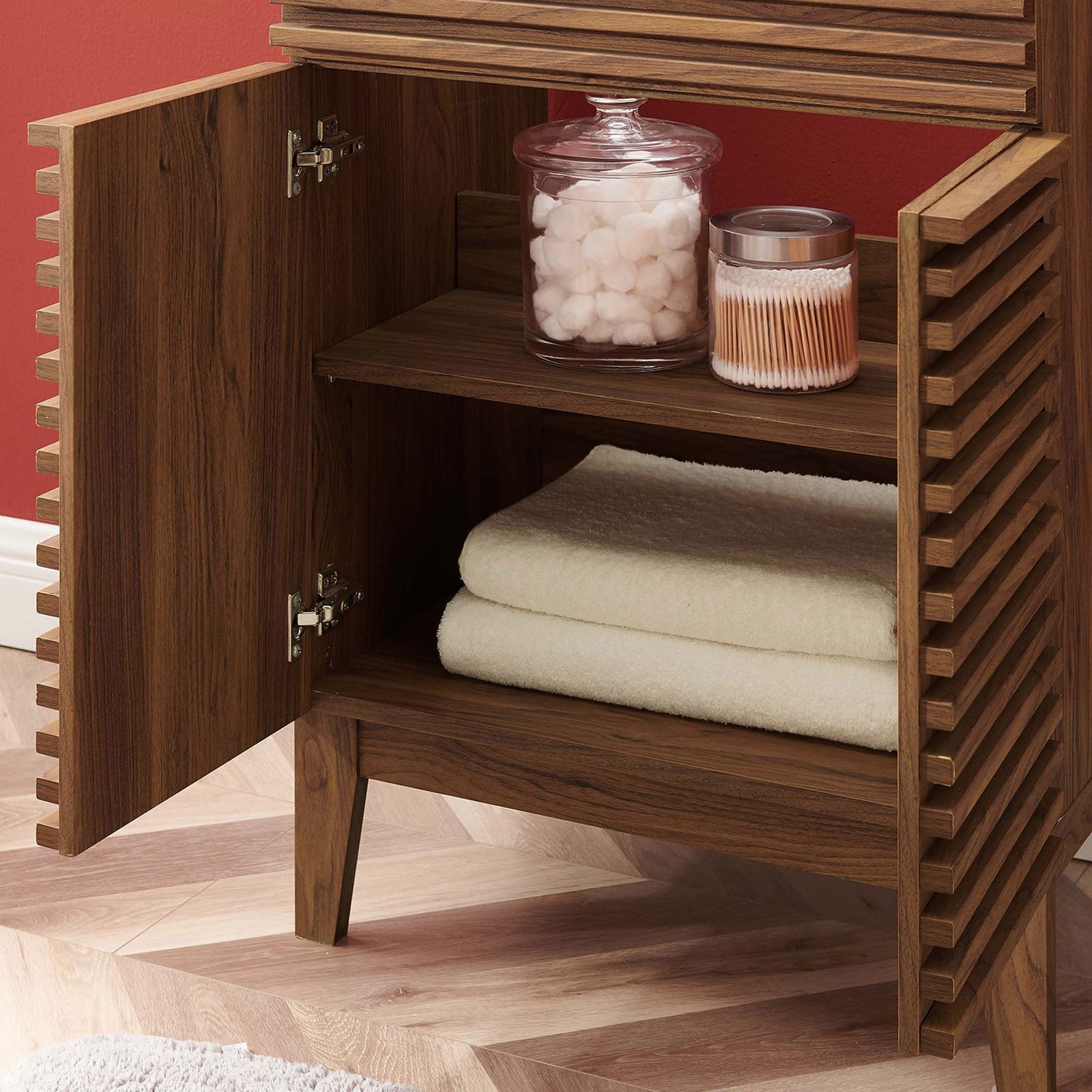 Open cabinet shows towels and jars on the adjustable shelf for everyday convenience || EEI-5350-WAL-BLK || storage_open_room