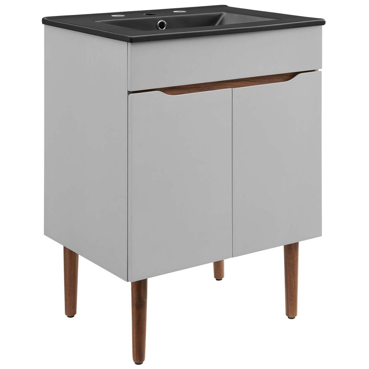 Streamlined gray vanity with black basin top and mahogany tapered legs in a mid-century profile || EEI-5357-GRY-BLK || front_angle_studio