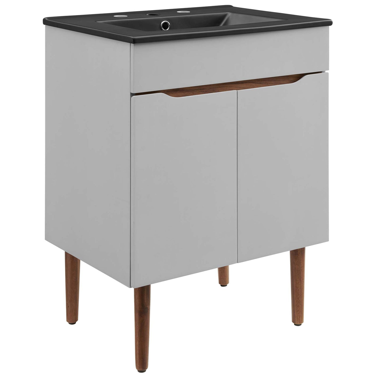 Streamlined gray vanity with black basin top and mahogany tapered legs in a mid-century profile || EEI-5357-GRY-BLK || front_angle_studio